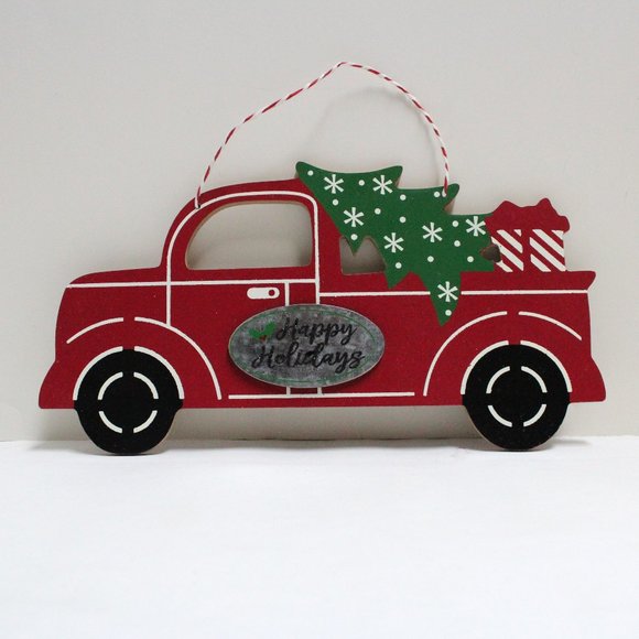 Happy Holidays Hanging Christmas Tree Presents Red Delivery Truck - Picture 1 of 5